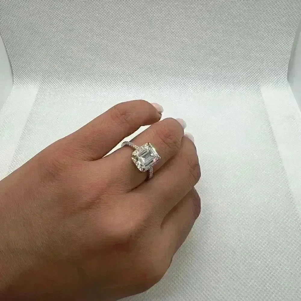 Emerald Cut halo sterling silver cubic zirconia diamond ring - Picture 2 of 2